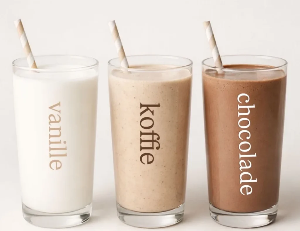 Drie glazen BB Shake in de smaken vanille, koffie en chocolade
