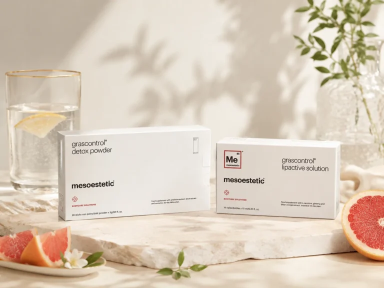 Mesoestetic grascontrol detox powder en lipactive solution op natuursteen, met pompelmoes en een glas water