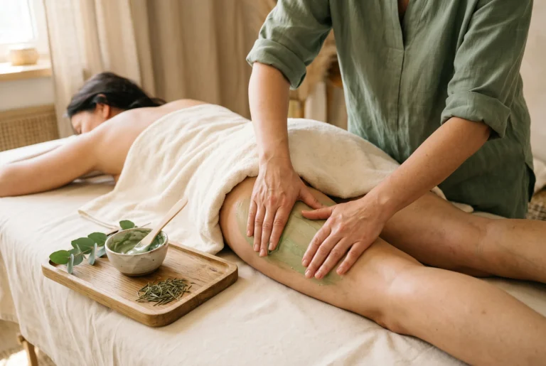 Handen van een therapeut masseren een groene algencrème in de dij van een vrouw, naast een kommetje crème en eucalyptus
