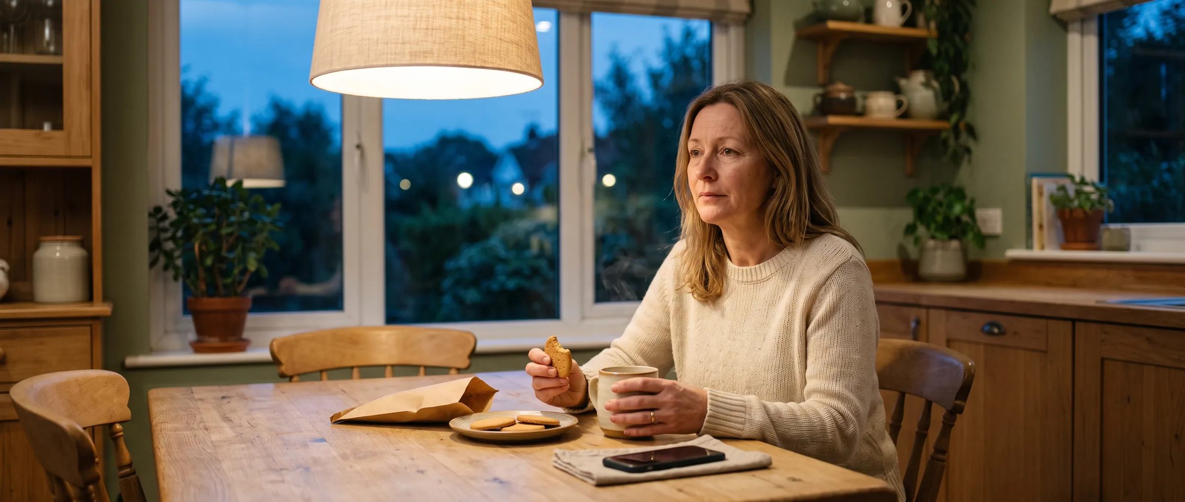 Vrouw in een crème trui zit 's avonds alleen aan de keukentafel met een koekje en een kop thee en kijkt nadenkend voor zich uit