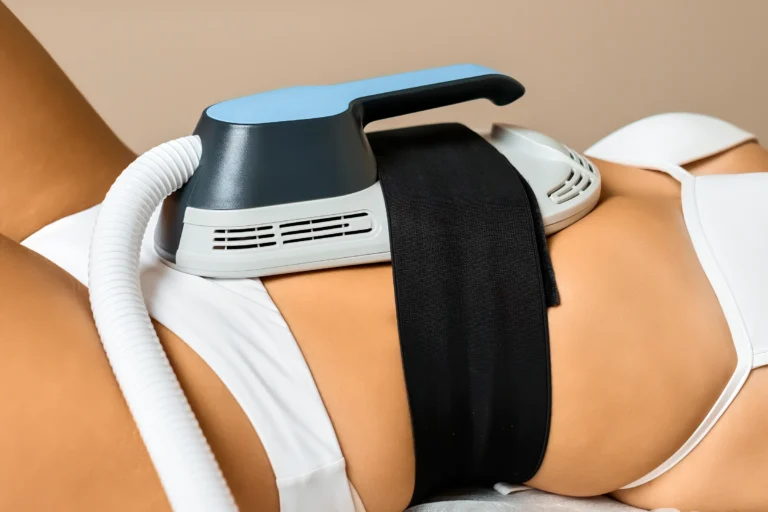 Applicator met band op de buik tijdens een behandeling voor spierstimulatie